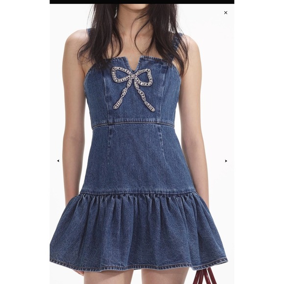 Self-Portrait‎ Denim Mini Dress Bow Embellished 12 - Picture 3 of 4